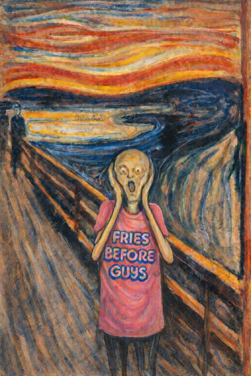 The Scream wearing FRIES BEFORE GUYS